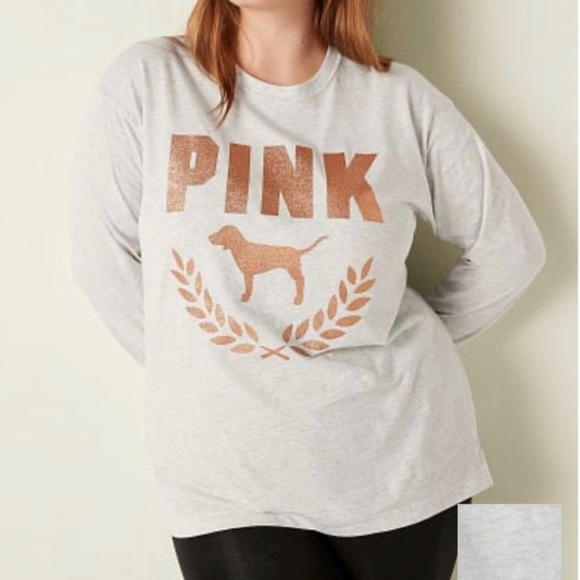 Victorias Secret PINK Oversized Long‎ Sleeve Varsity Crew Shimmer Logo Small - Picture 1 of 7